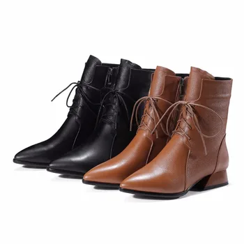 Krazing pot nye vinter mærke sko snøre støvler spids tå tyk med heels i ægte læder bane gamle stil ankel støvler L51
