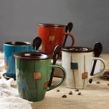 Kreativ, Farverig Keramik Krus Kaffe Mælk Kop Te, Krus, espressokopper Med Ske og Låg Drinkware Novetly Gaver