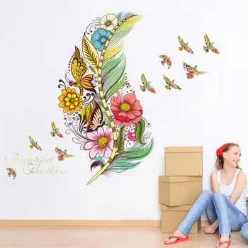 Kreative Farverige Fjer Baggrund Wall Stickers Stue Baggrund Wall Stickers DIY Decal Vindue glasvæg Home Decor