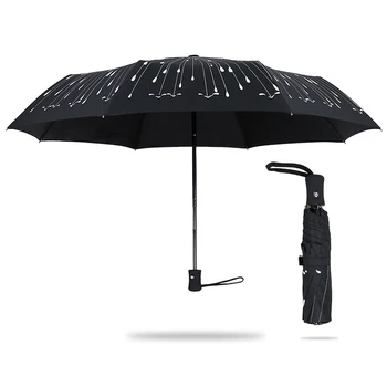 Kreative Meteor Fuldt Automatisk Paraply Fashion Black 3 Folde Parasol Regn Kvinder Mænd Paraply Vindtæt Stor Parasol