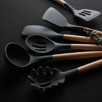 Kreative Træ Håndtag Silikone Køkkenredskaber Nonstick Turner Spatel Varmeandig Madlavning Værktøjer Basting Børste Skeer
