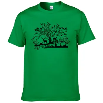 Kreativt design Hjorte, træ, fugl, kanin dyr trykte kompositioner T-shirt til sommeren 2017 tilstand bomuld t-shirt med korte ærmer tops tees #229