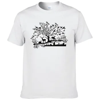 Kreativt design Hjorte, træ, fugl, kanin dyr trykte kompositioner T-shirt til sommeren 2017 tilstand bomuld t-shirt med korte ærmer tops tees #229