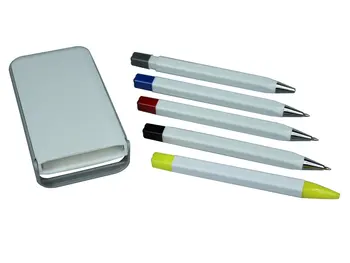 Kvalitet 5-i-1 pen sæt tilfælde,herunder 1 mekanisk pen,1 highlighter markør,3stk farvet blæk, kuglepen(Blå,Sort,rød)