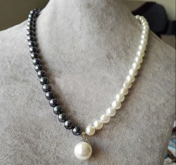 Kvinde smykker halskæde 8mm runde perle Lyse halvdel Hvid sort Natural SOUTH SEA SHELL PEARL 12mm vedhæng 18