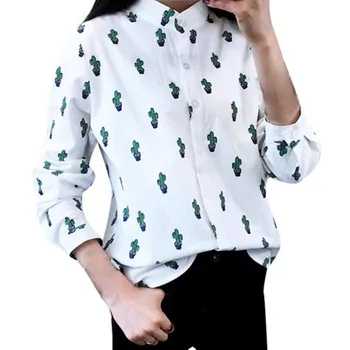 Kvindelige Bluser Langærmet Sød Shirts Kaktus Trykt Stå Krave Casual Leisure Toppe Blusas for Kvinder