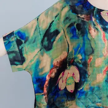 Kvinder Bomuld og Linned Klæde Stor Størrelse Blomstret Mønster Print T-Shirt til Sommerens Mode Afslappet Overdele Lang Vintage t-shirt Kjoler