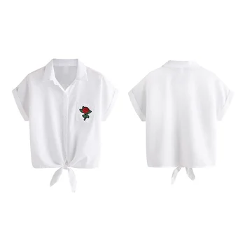 Kvinder Broderi Shirts Hvide Bluser, Korte Ærmer Turn-down Krave Skjorte Kvindelige Åben Front Casual Blusas Toppe