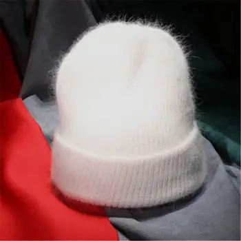 Kvinder, Efterår, Vinter Varm Kanin Pels Strikkede Huer Tyk Dobbelt Lag Uld Skullies Kvindelige Hat