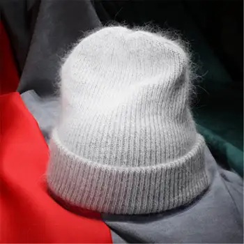 Kvinder, Efterår, Vinter Varm Kanin Pels Strikkede Huer Tyk Dobbelt Lag Uld Skullies Kvindelige Hat