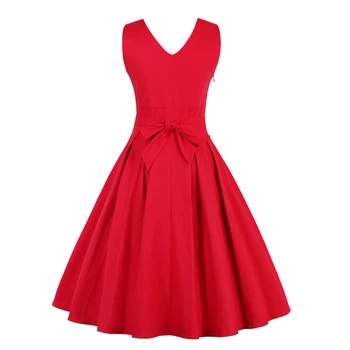 Kvinder Elegante Røde Vintage Kjole Elastisk Bomuld Plus Størrelse M~4XL 50'ERNE, 60'ERNE Prom Party Swing Feminino Vestidos sløjfeknude bælter