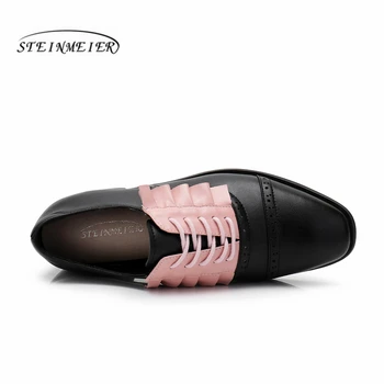 Kvinder i Ægte læder fladskærms oxford sko designer vintage håndlavet pink sort blomst oxfords sko til kvinder