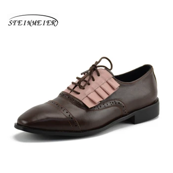 Kvinder i Ægte læder fladskærms oxford sko designer vintage håndlavet pink sort blomst oxfords sko til kvinder