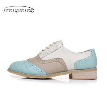 Kvinder i Ægte læder flats håndlavede sko Sort blå hvid 2017 sping vintage fladskærms British style oxford sko til kvinder