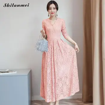Kvinder langærmet pink sort blå hvid blonde kjole mode elegante lange maxi kjole 2017 efteråret koreanske plus størrelse part vestidos