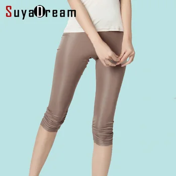 Kvinder Leggings Ægte Silke 3/4 længde bukser, slim leggings Plus size Anti tømt bunden bukser lyse farver Sort Hvid