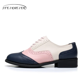 Kvinder lejligheder oxford sko i ægte læder vintage flade sko rund tå håndlavet blå pink beige 2017 oxfords sko til kvinder fur