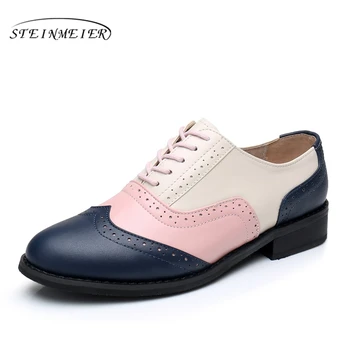 Kvinder lejligheder oxford sko i ægte læder vintage flade sko rund tå håndlavet blå pink beige 2017 oxfords sko til kvinder fur