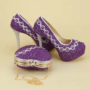 Kvinder mode krystal bryllup sko med matchende tasker brud party kjole, sko og taske sæt Høje hæle platform sko Damer sko