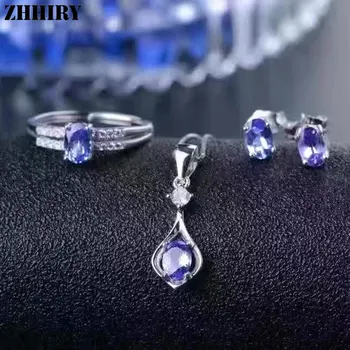 Kvinder på en Naturlig Blå Tanzanit Perle sten Smykker Sæt Ægte 925 Sterling Sølv Fine Ring, Øreringe og Halskæde ZHHIRY