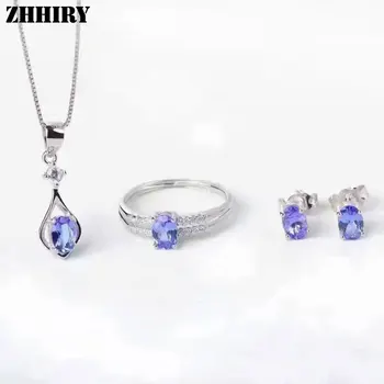 Kvinder på en Naturlig Blå Tanzanit Perle sten Smykker Sæt Ægte 925 Sterling Sølv Fine Ring, Øreringe og Halskæde ZHHIRY