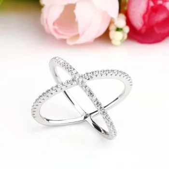 Kvinder Ringe Dobbelt Lag Cubic Zircon X Form 925 Sterling Sølv Smykker, Criss Cross Ring med CZ Evighed Piger Lang Ringe