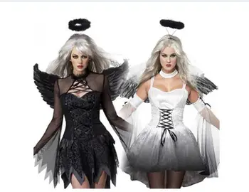 Kvinder Sexy Mørke Engel Kostume Voksen Cosplay Halloween Party Raven Black Faldne Engel Fancy Kjole med Halo & Vinge