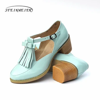 Kvinder sommeren ægte læder oxford sandaler kvast bue rund tå håndlavet pink hvid 5 cm hæl casual oxfords sko til kvinder