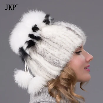 Kvinder strikkede Mink-Pels Hat stilarter kvindelige pels Hætte med fox fur pompom foring Kvinder Vinteren Hovedbeklædning piger hatte til huer DHY-25