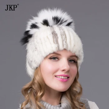 Kvinder strikkede Mink-Pels Hat stilarter kvindelige pels Hætte med fox fur pompom foring Kvinder Vinteren Hovedbeklædning piger hatte til huer DHY-25