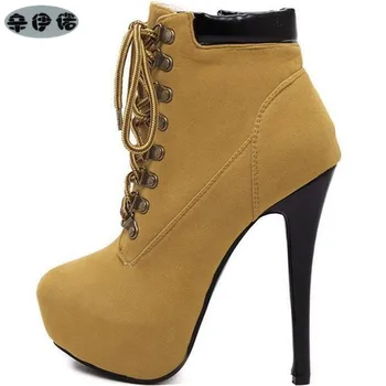Kvinder støvler sexy høje hæle platform ankel støvler til kvinder botas femininas tynd hæl snøre natten høj hæl støvler sort gul