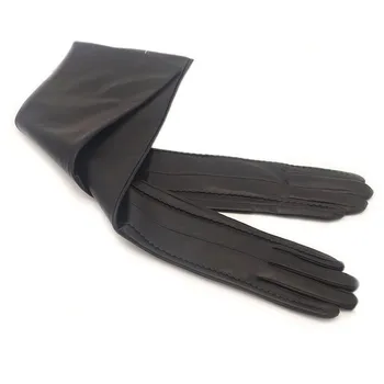 Kvinder super lang over albuen opera top real lam skin læder handsker i sort