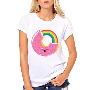 Kvinder Tegnefilm Donut Rainbow Sjove T-shirts Sommer Hvid kortærmet Kvindelige T-Shirts Bodybuilding Søde Dame Toppe Tee
