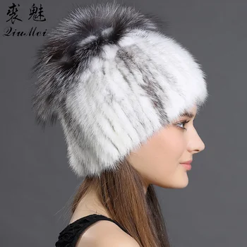 Kvinder, Vinter Hatte Real Mink Fur Med Fox Fur Blomster Hatte, Caps Varm Russisk Nye Mode Foret Strikke Ægte Pels Beanie Hue