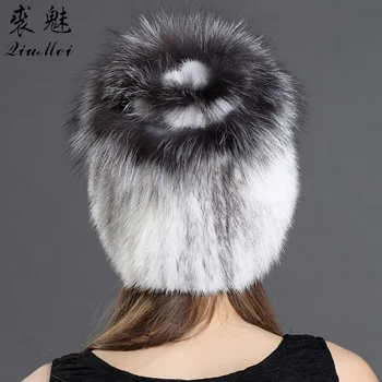 Kvinder, Vinter Hatte Real Mink Fur Med Fox Fur Blomster Hatte, Caps Varm Russisk Nye Mode Foret Strikke Ægte Pels Beanie Hue