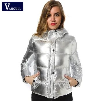 Kvinder vinter jakker Kort varm frakke Silver metal farve brød stil 2017 ladies parka winterjas dames abrigos mujer invierno