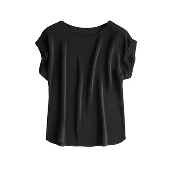 Kvinder Ægte Silke T-Shirt med Korte Flagermus ærmer Solid løs chiffon shirt, Naturlig silke Grundlæggende Top Plus size 2018 Sommeren bunden