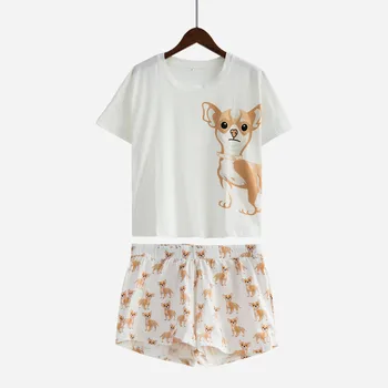 Kvinders Chihuahua Hund Print Sæt 2 Stykker Pyjamas Passer Afgrøde Top + Shorts Elastisk Løse Toppe Plus Size Elastisk Talje S76902J