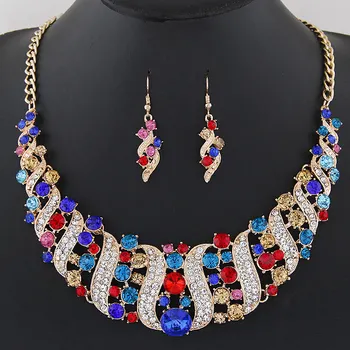 Kymyad Afrikanske Perler Smykke Sæt Trendy Erklæring Guld Farve Brude Choker Krystal Halskæde, Øreringe Sæt Smykker Til Kvinder