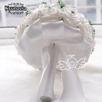 Kyunovia Nye på lager Smukke Håndlavede Bryllup blomster Hvide Brudepige Brude Buketter kunstig Rose Buket FE01
