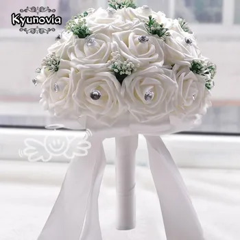 Kyunovia Nye på lager Smukke Håndlavede Bryllup blomster Hvide Brudepige Brude Buketter kunstig Rose Buket FE01