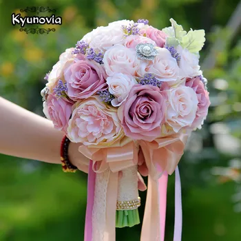 Kyunovia Silke Bryllup Buket Kunstige Home Party Deco Blomster Bridal Bouquet Rose og lyserøde hortensia Bryllup Buketter FE42