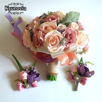 Kyunovia Silke Bryllup Buket Kunstige Home Party Deco Blomster Bridal Bouquet Rose og lyserøde hortensia Bryllup Buketter FE42