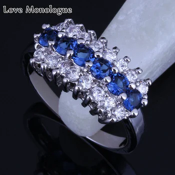 Kærlighed Monolog Hot Sell ! Royal Golden Blue Crystal & Hvid Cubic Zirconia 925 Stempel Sølvfarvet Ring H0083 Størrelse 5/6/7/8/9/10