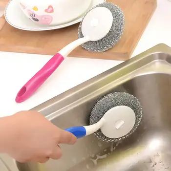 Køkken hængende stærk dekontaminering børste til at vaske op en lange håndtag i rustfrit stål uld børste