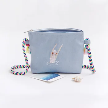 Lady Canvas Håndtaske Mini Enkelt Broderi Skulder Bag Crossbody Messenger Taske Gåtur Kvindelige Shopping Taske Spand Pack til Piger