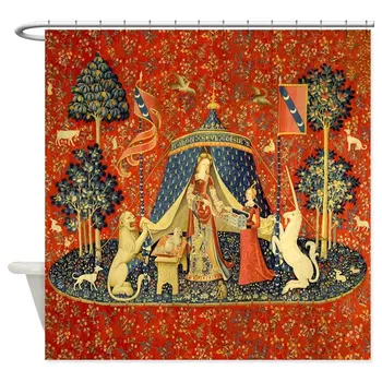 Lady Og The Unicorn Middelalderlige Gobelin Kunst Brusebad Dekorative Vandtæt Polyester Stof 8 Størrelser Badeforhæng 12 Kroge
