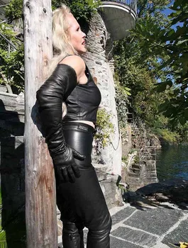 Lady real får læder vinter varm super lang skulder læder handsker sort