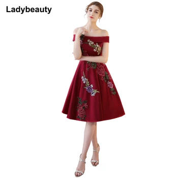 Ladybeauty 2017 ny ankomme part prom dress Vestido de Festa bådudskæring A-linje satin blonder-up tilbage pynt evening party dress