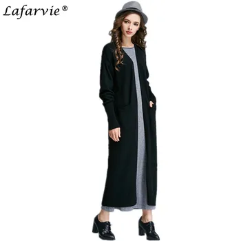 Lafarvie 2017 Nye Hot Salg Cashmere Cardigan Knit Sweater Efterår Kvinder Mode V-Hals Skjorte Slim Koreanske Version Kvindelige Pels Lange